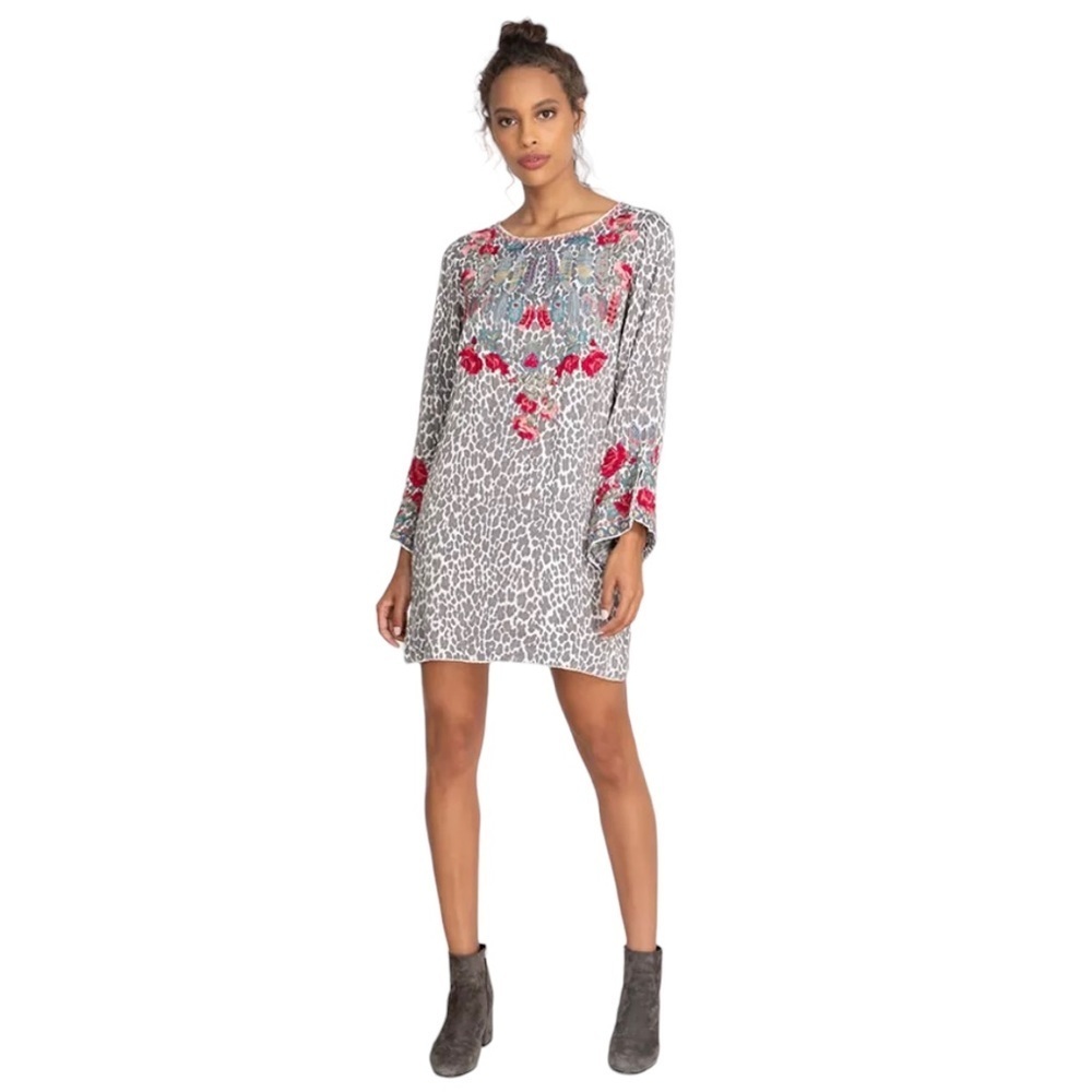 Johnny‎ Was Inigo Print Dress Floral Embroidered Long Sleeve Mini Gray Casual